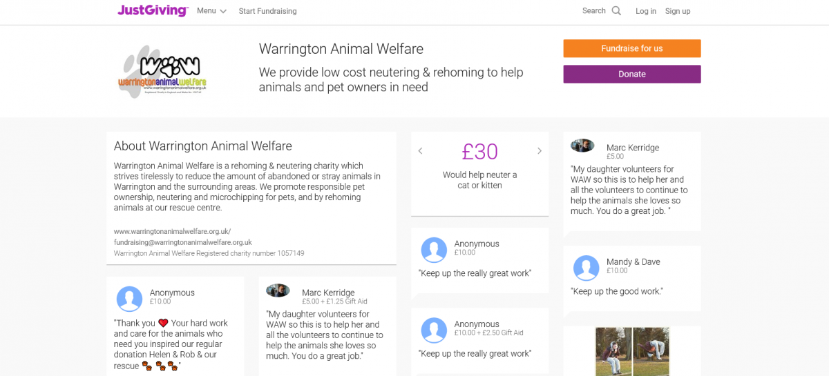 JUST GIVING page for Warrington Animal Welfare
